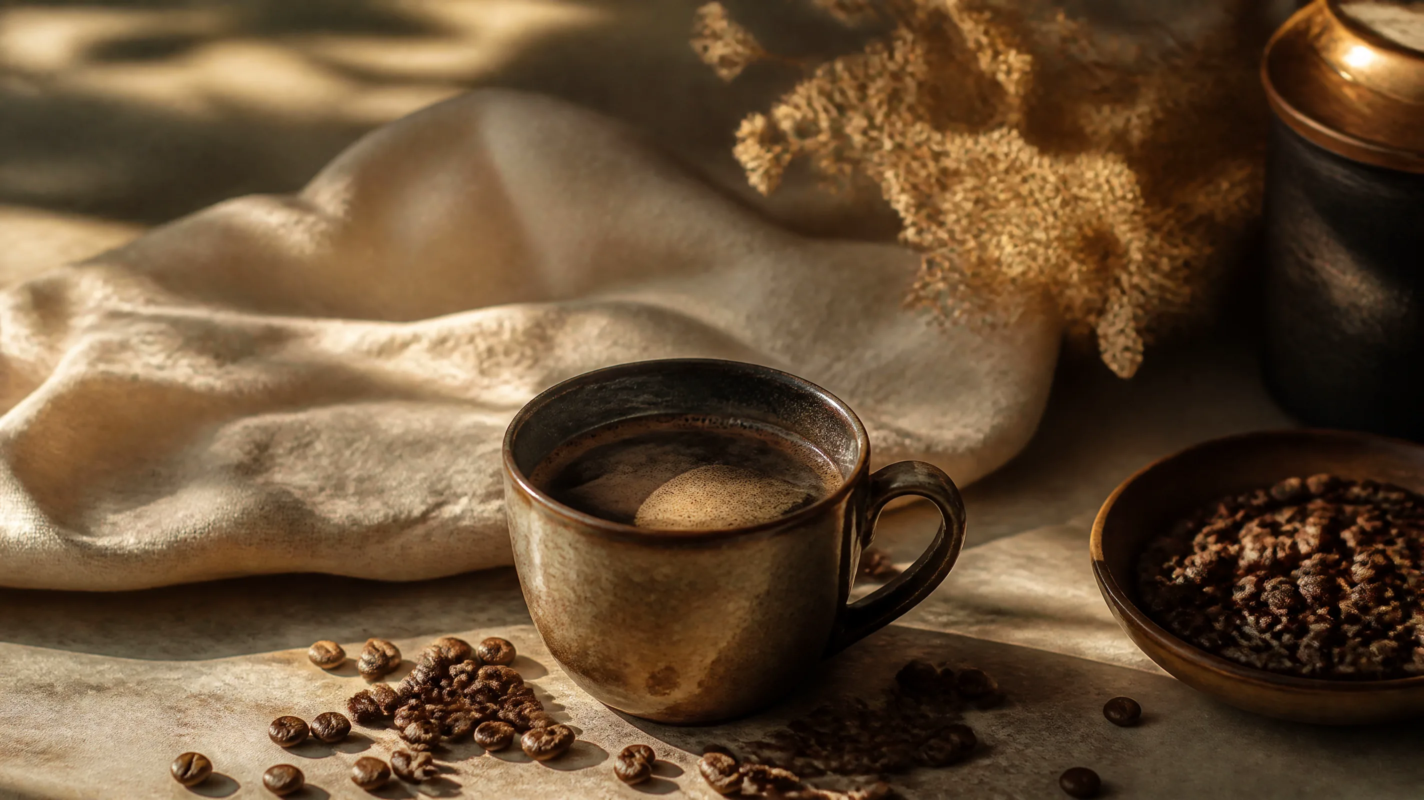 A warm still life of a freshly brewed coffee with roasted beans